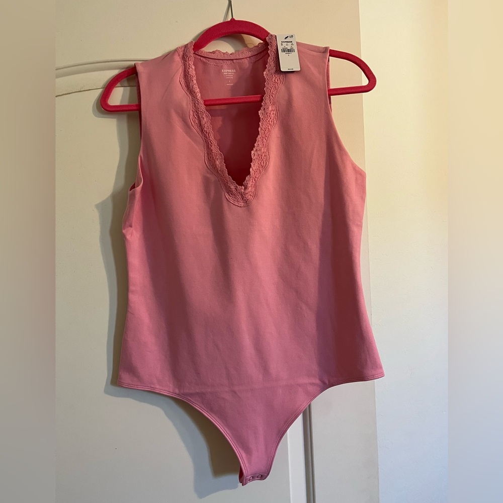Pink Sleeveless Bodysuit with Lace Trim